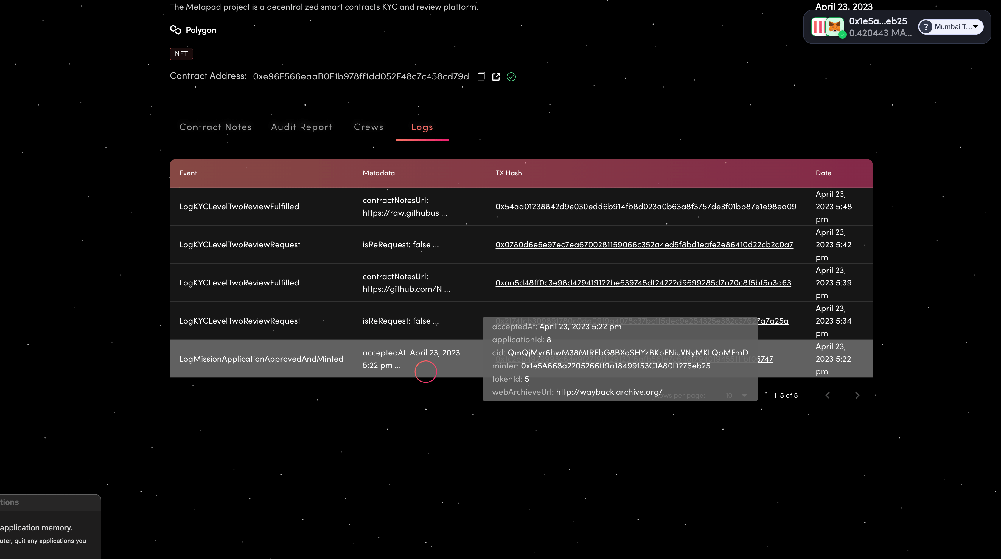 Logs section