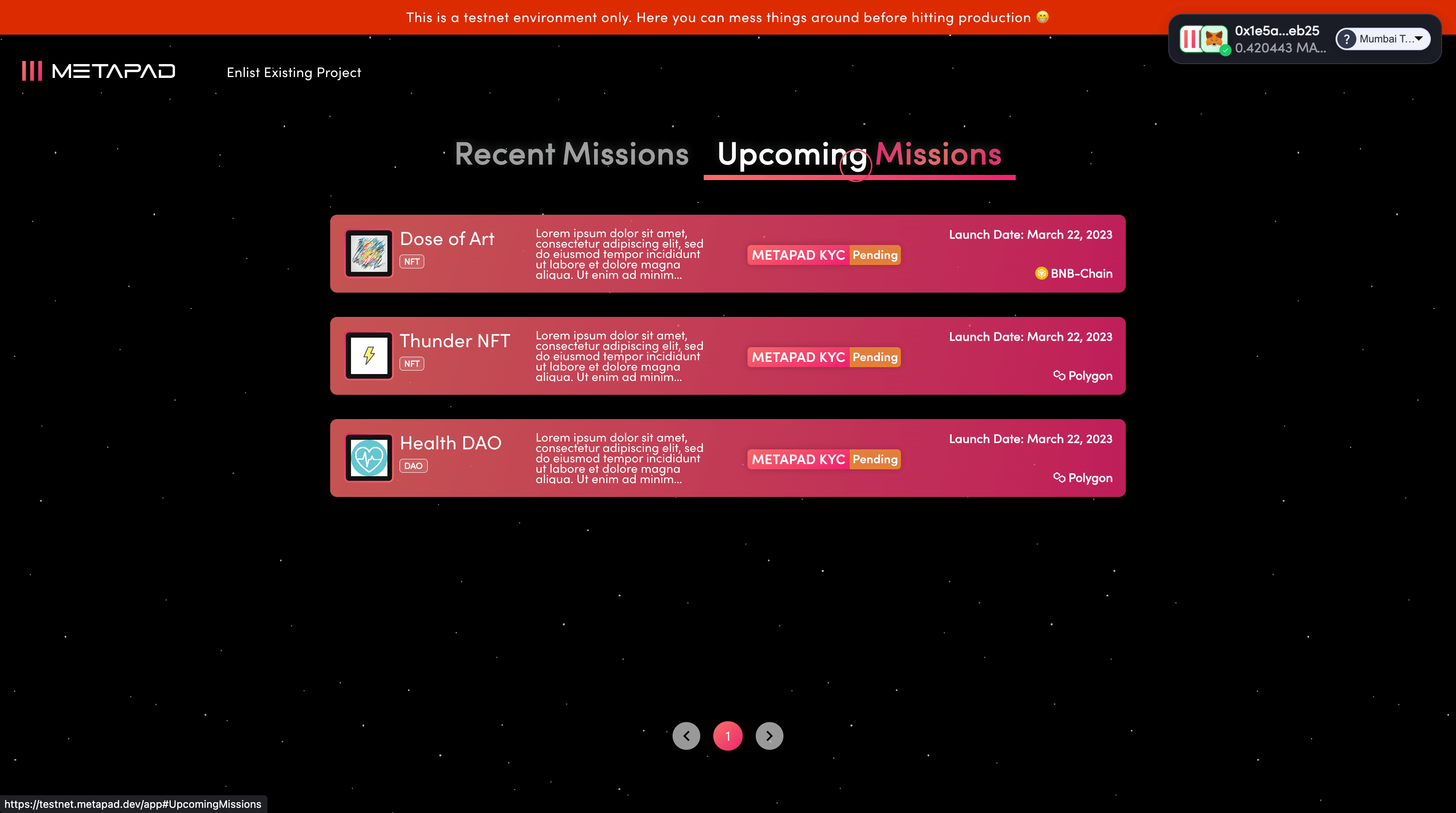 Upcoming Missions tab