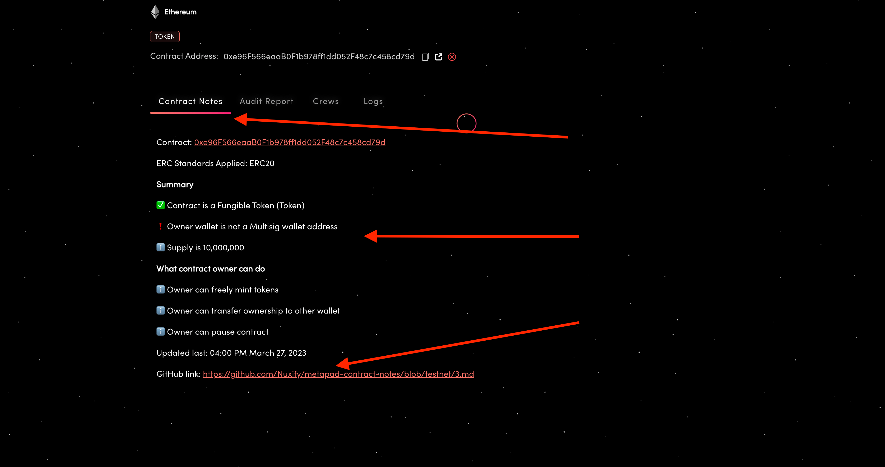 Contract notes shown when token is KYC Level 2 approved